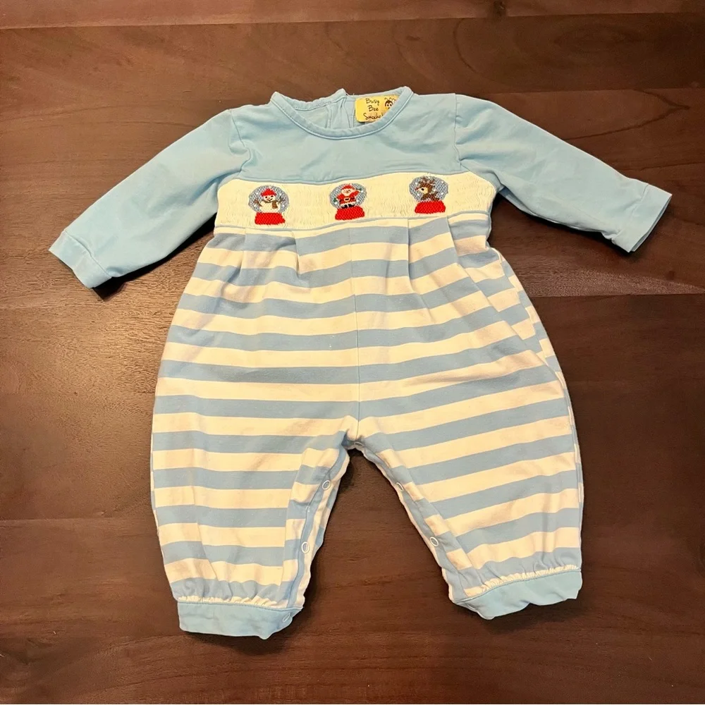 Busy Bee Smocks! Christmas Smocked Snowglobe Santa Stripe Jon Jon Romper 6 Month